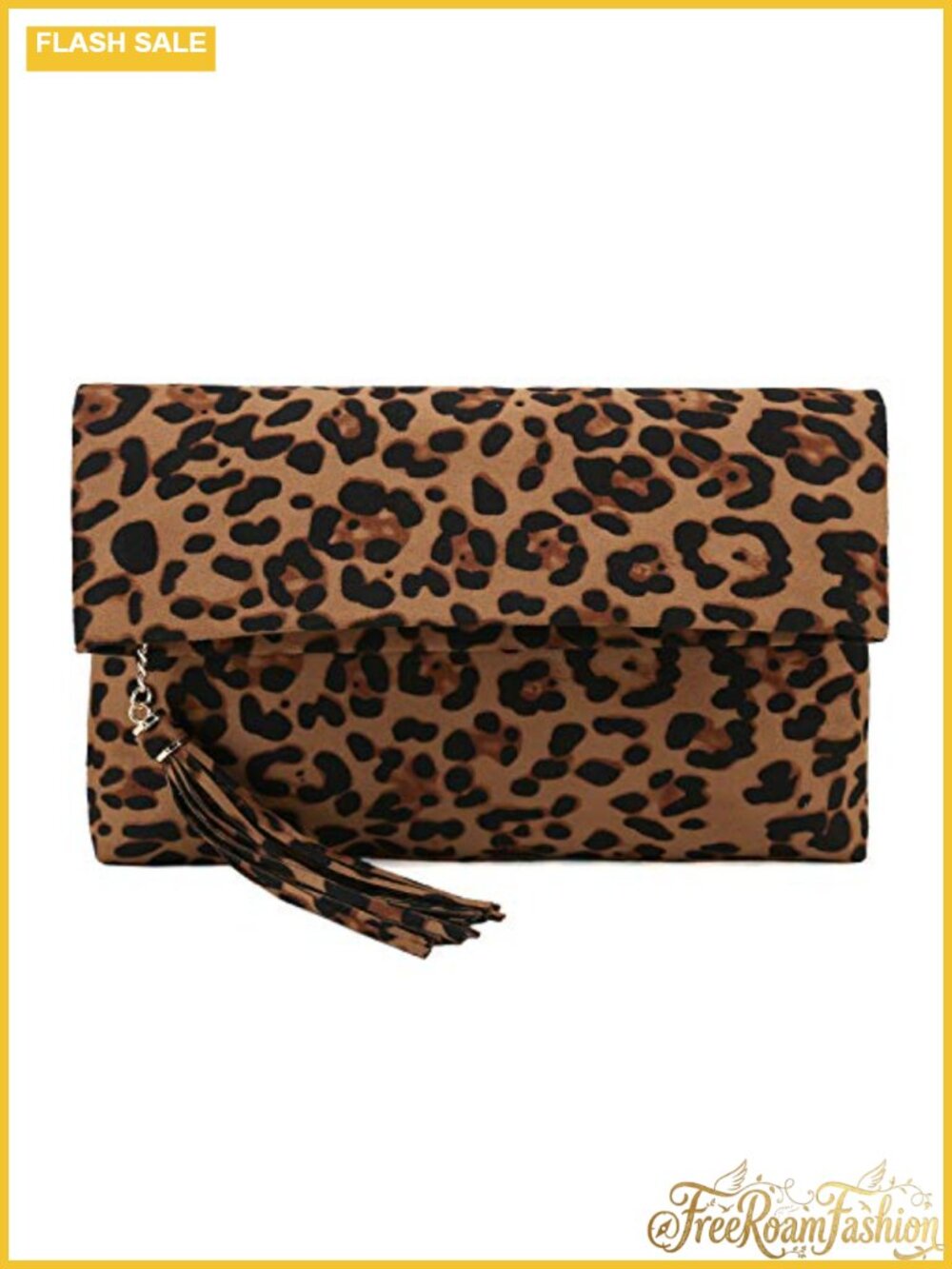 Faux Suede Foldover Clutch with Tassel and Chain Strap